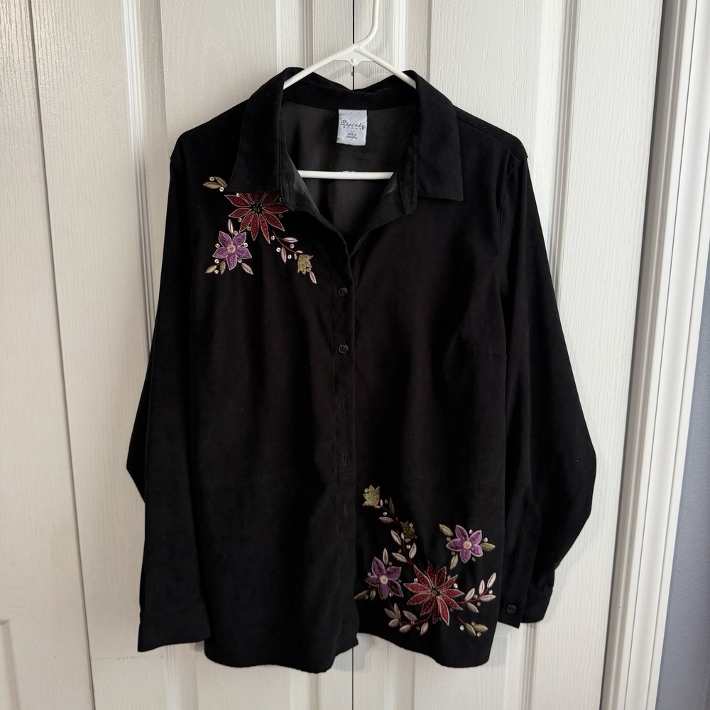 Cascade Blues Black Velour‎ Embrodiered Floral Button Up Women's Size Large VTG